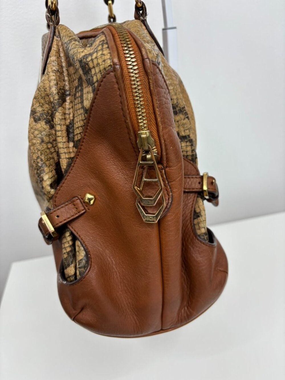 MCM Brown Python Snakeskin Leather Top Handle Satchel Shoulder Bag - Picture 6 of 8
